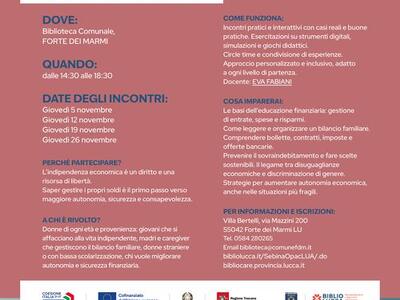 Bibliocare: a Forte dei Marmi un corso gratuito sull'economia di genere e l'autonomia finanziaria