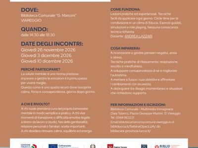 Bibliocare: a Viareggio il corso dedicato al benessere mentale e alle strategie per affrontare le sfide quotidiane
