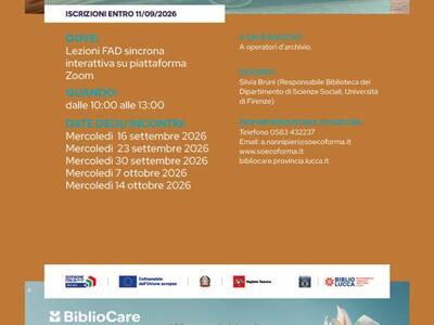 Bibliocare: Ultimi giorni per iscriversi al corso specialistico “Comunicare l’archivio all’esterno”: scadenza per le domande, l’11 settembre